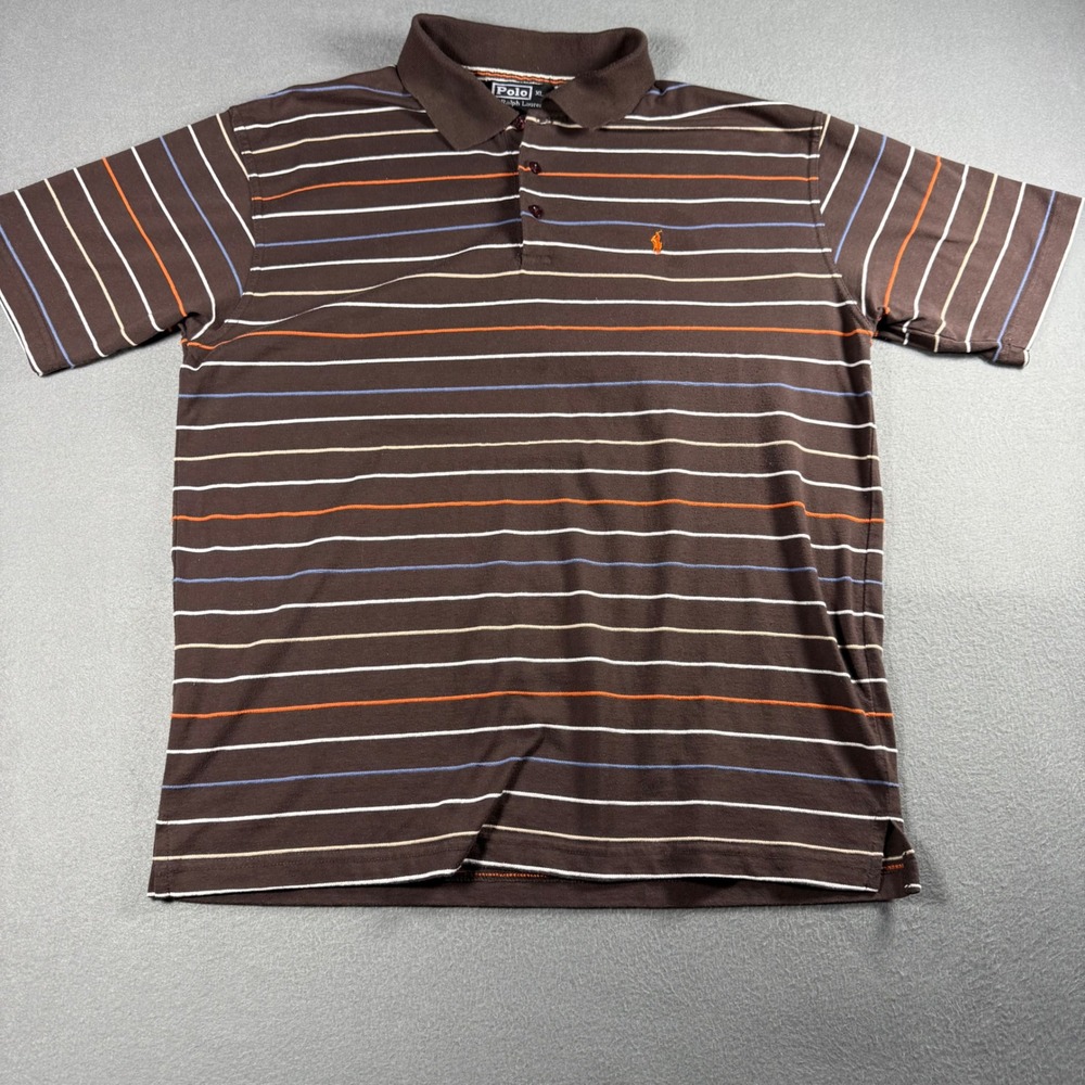 Polo Ralph Lauren Mens XL Polo Shirt Brown Multi Color Striped Short Sleeve Pony